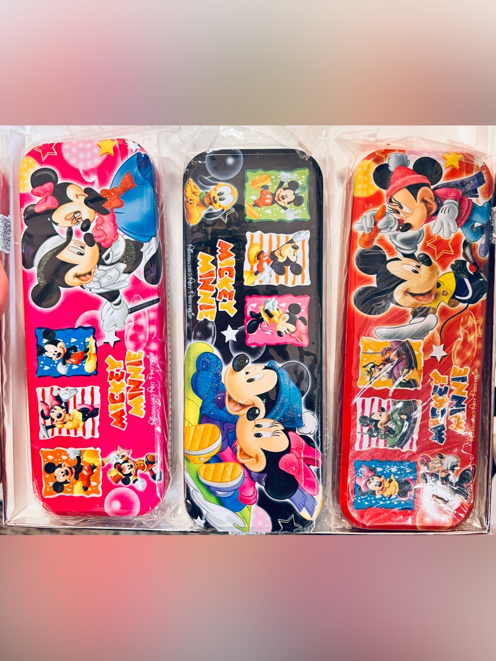 Disney Mickey & Minnie Mouse Tin Pencil Boxes with Removable Trays